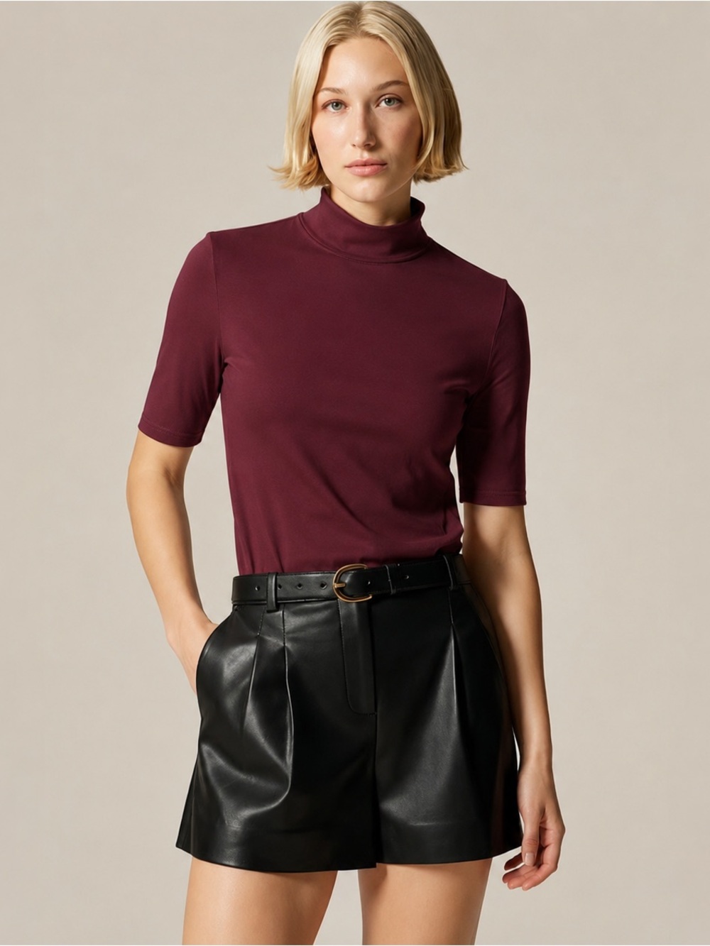 J. Crew Wine Stretch Cotton-blend Mockneck Elbow-sleeve T-shirt Size Small
